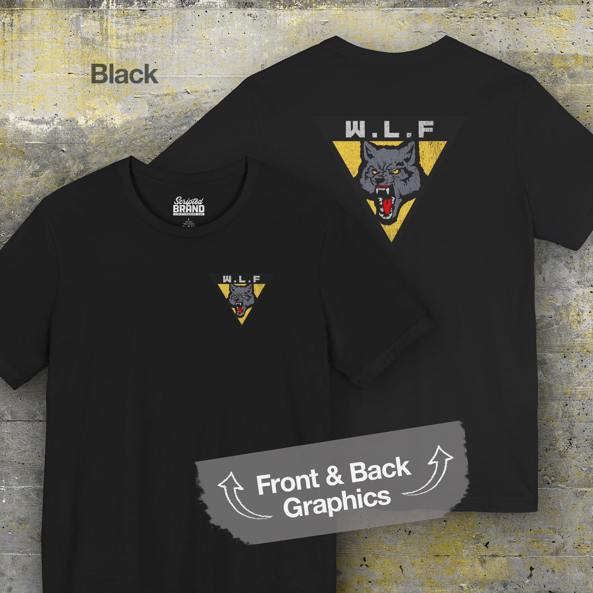 Front and back of black WLF t-shirt with distressed logo from The Last of Us