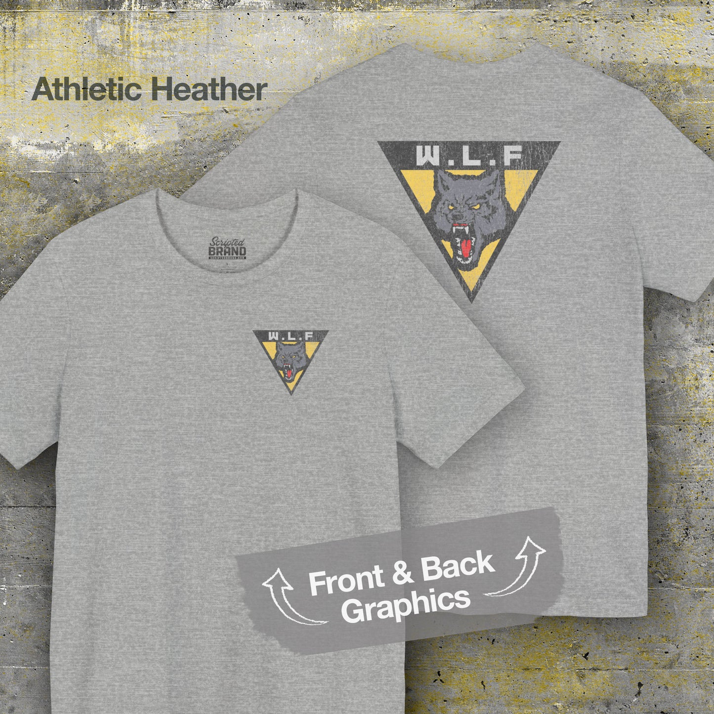 Front and back of athletic heather grey WLF t-shirt with distressed logo from The Last of Us