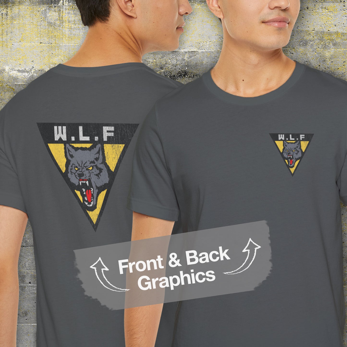 Model wearing asphalt grey WLF t-shirt with vintage logo from The Last of Us, front and back view