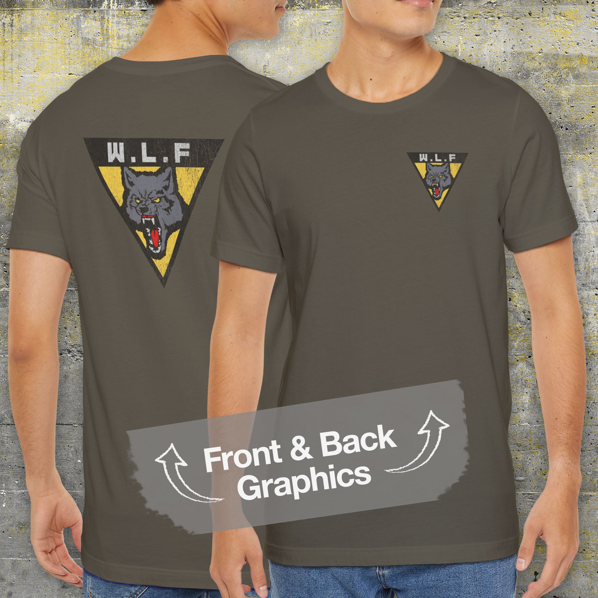 Model wearing army green WLF t-shirt with vintage logo from The Last of Us, front and back view