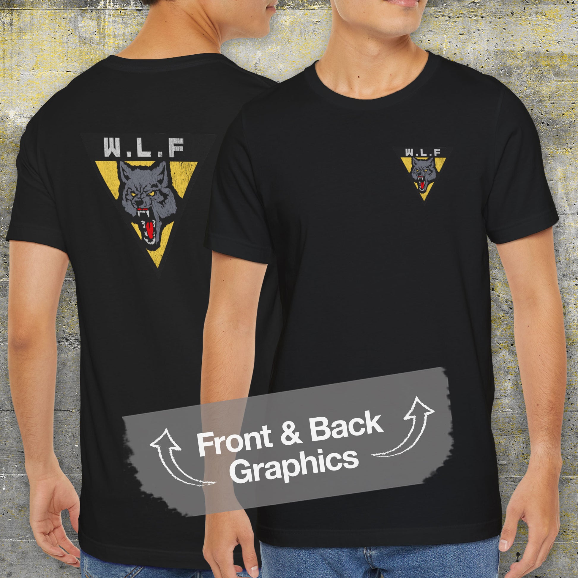 Model wearing black WLF t-shirt with vintage logo from The Last of Us, front and back view