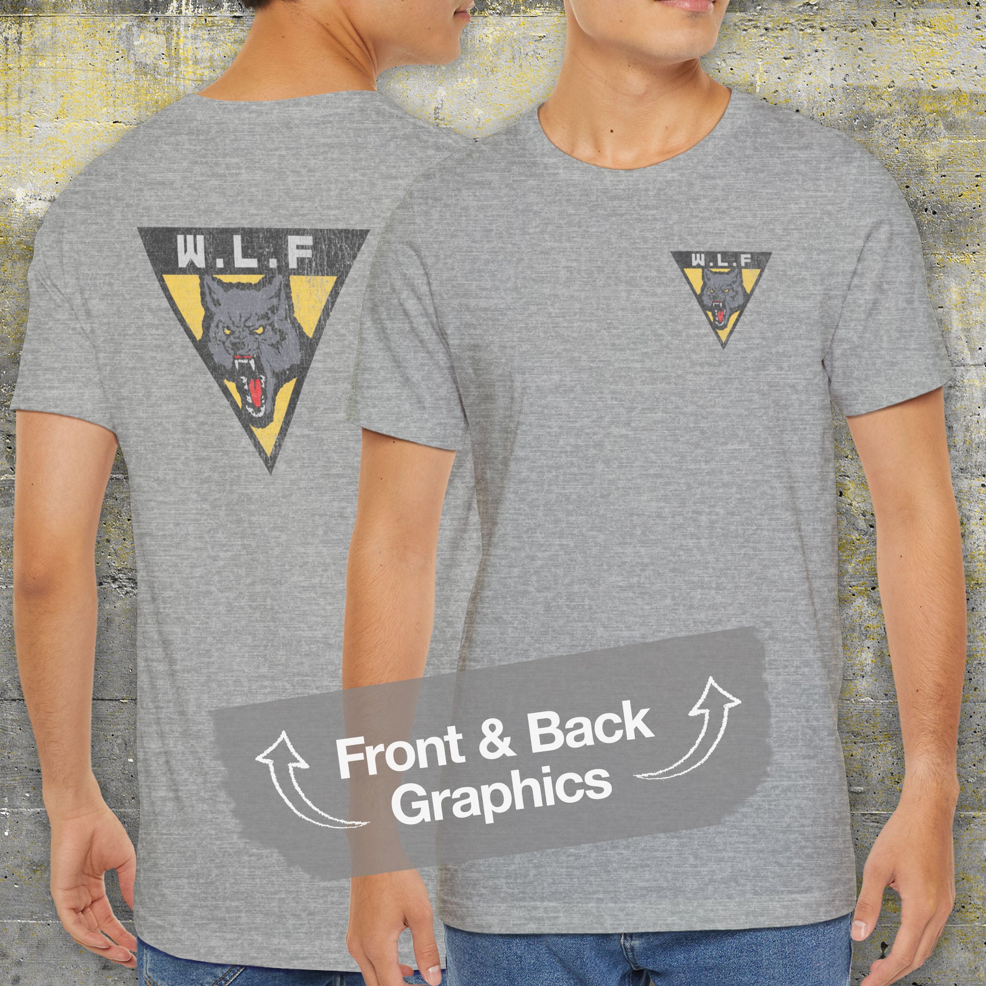 Model wearing athletic heather grey WLF t-shirt with vintage logo from The Last of Us, front and back view