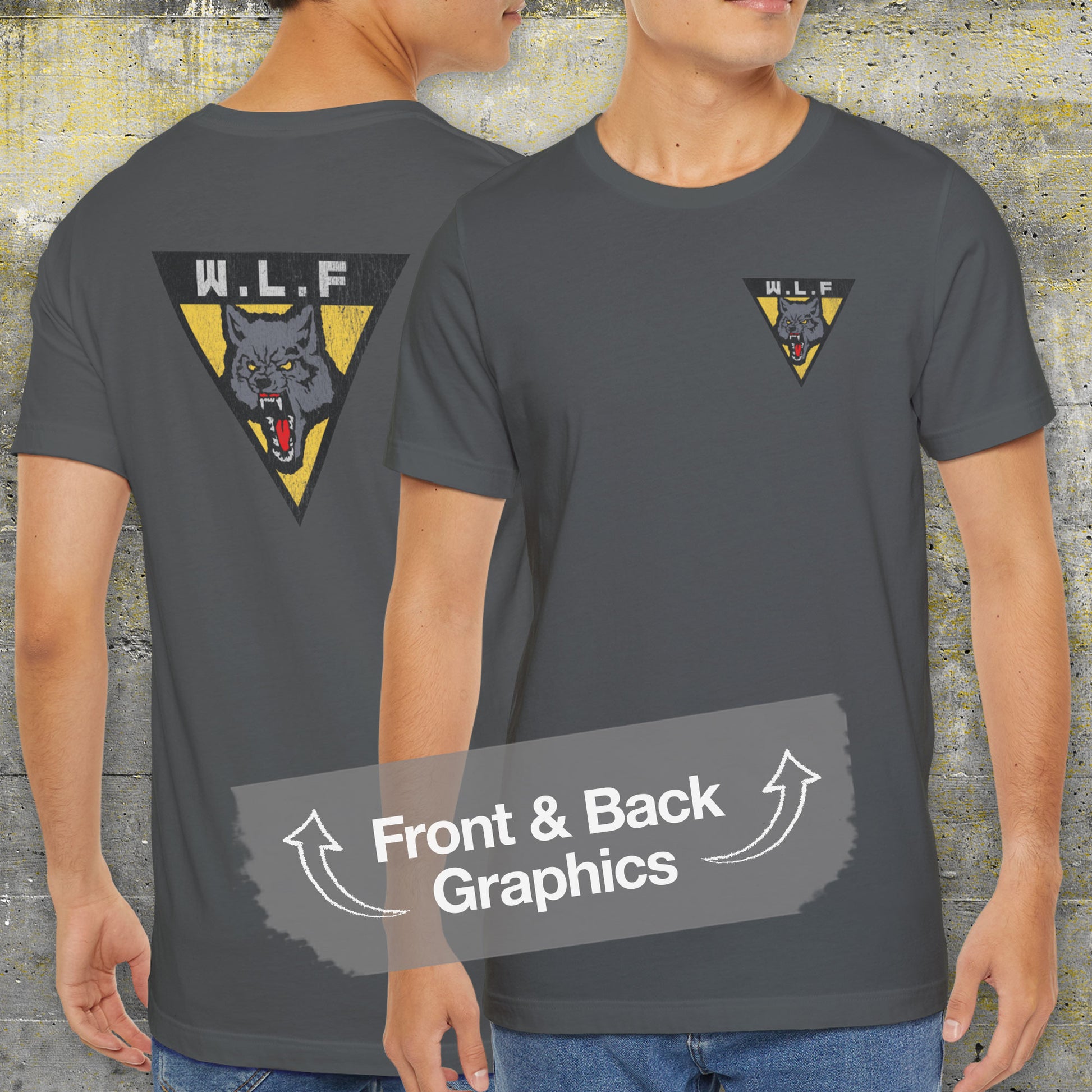 Model wearing asphalt grey WLF t-shirt with vintage logo from The Last of Us, front and back view