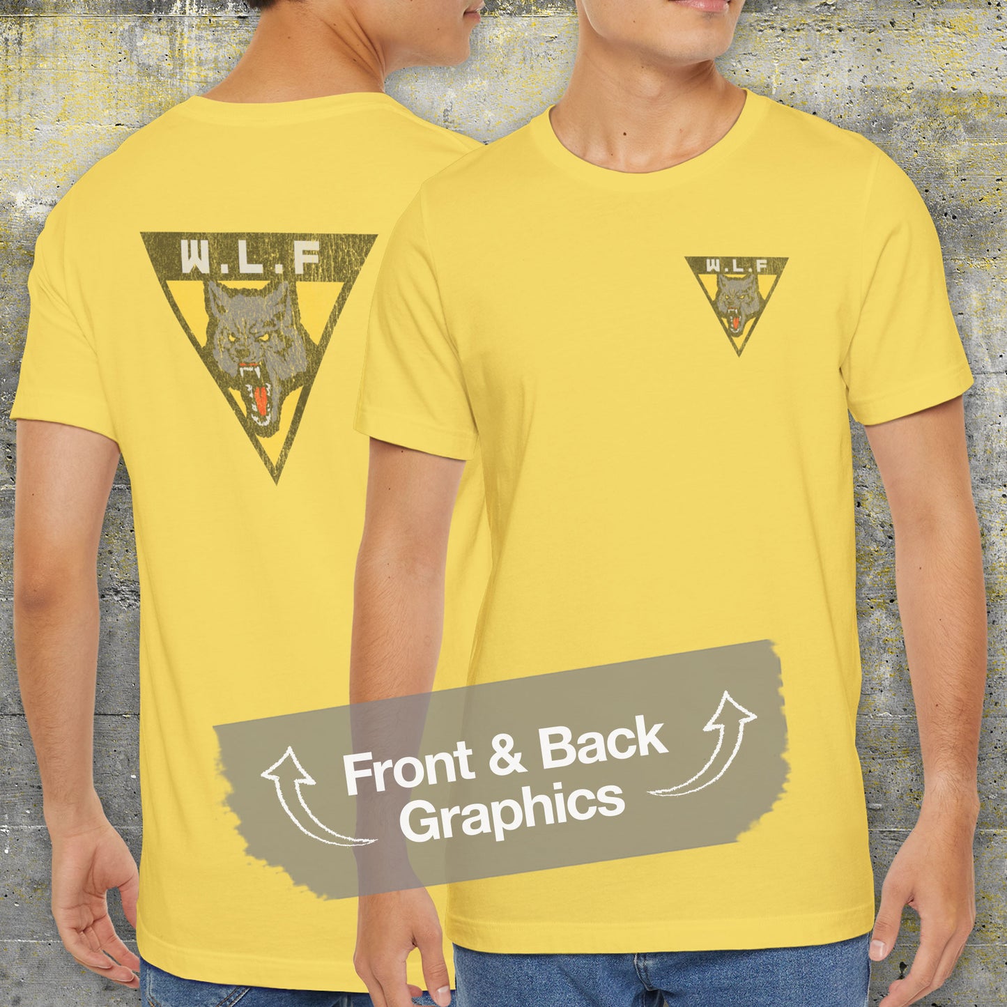 Model wearing maize yellow WLF t-shirt with vintage logo from The Last of Us, front and back view