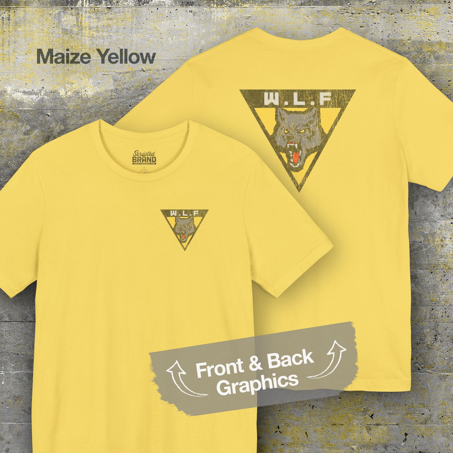 Front and back of maize yellow WLF t-shirt with distressed logo from The Last of Us