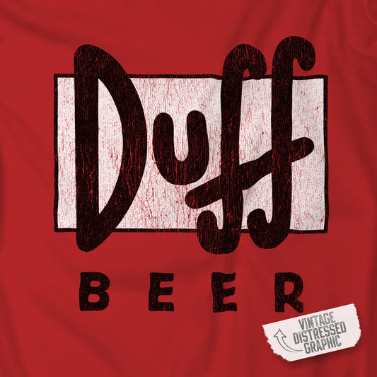Closeup of red t-shirt featuring the Duff Beer logo from the TV Show The Simpsons in vintage distressed style.