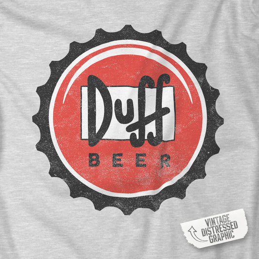 Closeup of Athletic Heather Gray t-shirt featuring the Duff Beer bottle cap logo from the TV Show The Simpsons in vintage distressed style.