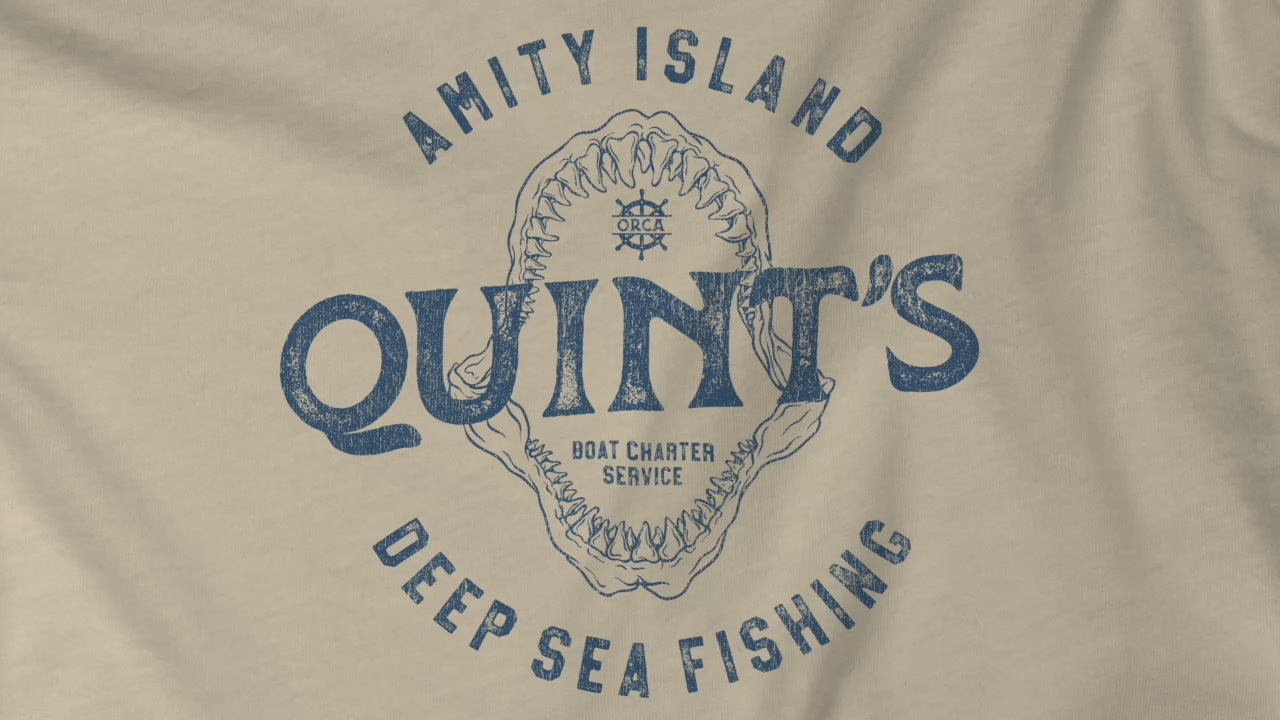 Video of sand colored sweatshirt with Quint's Deep Sea Fishing logo from the movie Jaws in vintage distressed style.