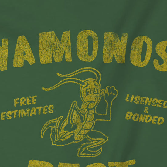 Video closeup of an evergreen and yellow colored soft Bella+Canvas 3001 short-sleeve t-shirts featuring the Vamonos Pest Exterminators logo from the TV show Breaking Bad in a vintage distressed style, sold by ScriptedBrand.