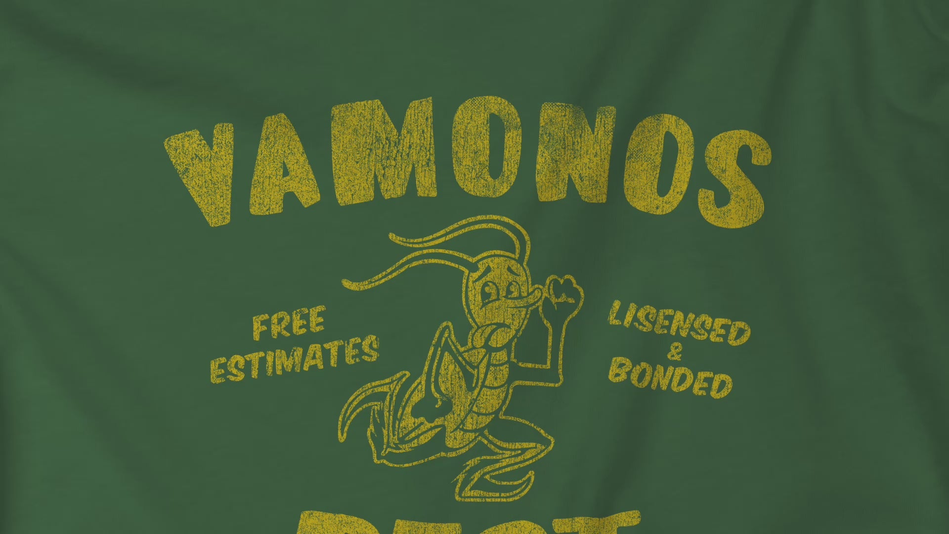 Video closeup of an evergreen and yellow colored soft Bella+Canvas 3001 short-sleeve t-shirts featuring the Vamonos Pest Exterminators logo from the TV show Breaking Bad in a vintage distressed style, sold by ScriptedBrand.