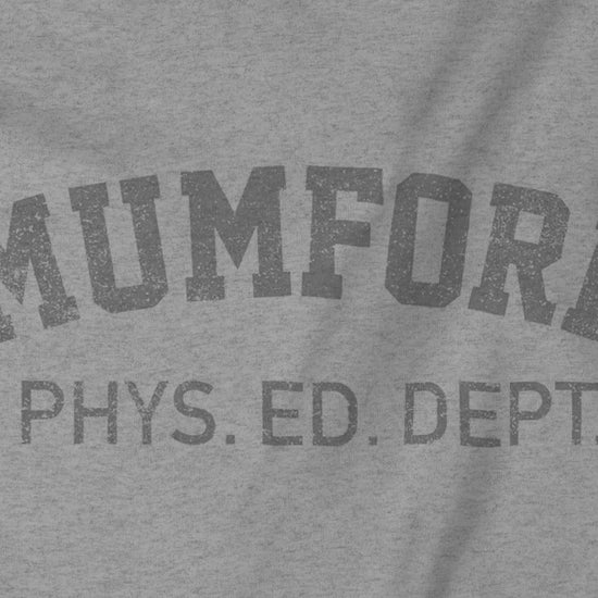 Video closeup of an athletic Heather Grey Soft Bella+Canvas 3001 short-sleeve t-shirt gym tees featuring the Mumford Phys Ed logo graphic that Eddie Murphy wore as Axel Foley in the movie Beverly Hills Cop in a vintage distressed style, sold by ScriptedBrand.