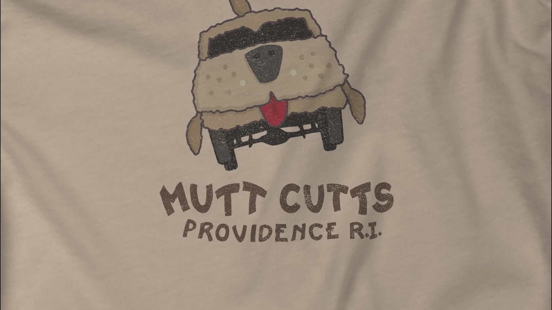 Closeup video a Mutt Cutts logo graphic inspired by the movie Dumb and Dumber, illustrated by ScriptedBrand in a vintage distressed style.