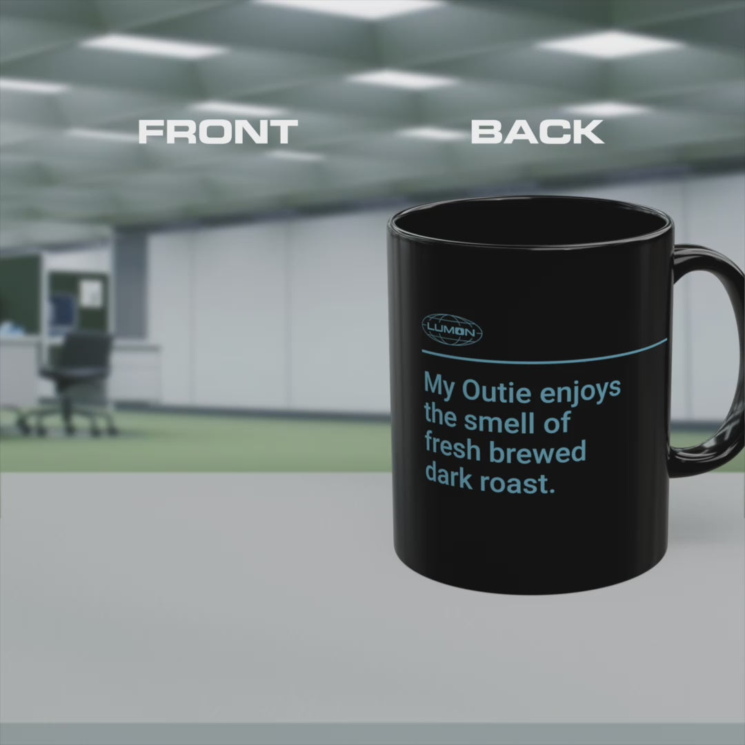 Video of Black Ceramic Mugs (11 oz or 15 oz) with the blue Lumon Industries logo on one side and customizable text on the other side (up to 120 characters) inspired by the Apple TV show Severance, sold by ScriptedBrand.