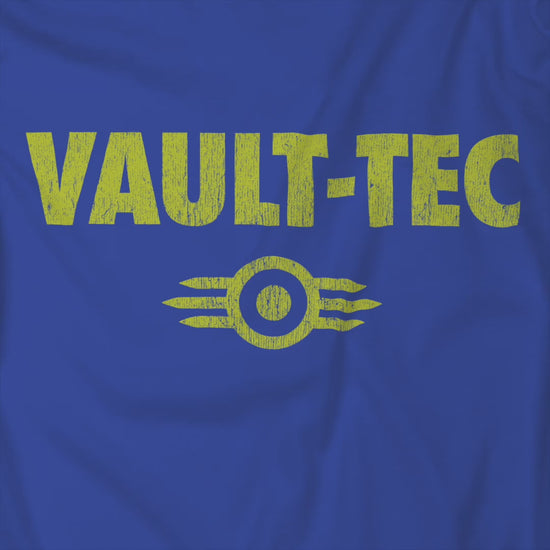 Video of t-shirt featuring the Vault-Tec logo graphic from the video game Fallout in a vintage distressed style. 
