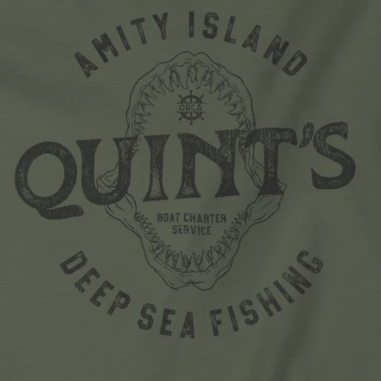 Video of Comfort Colors t-shirts with vintage Quint’s Deep Sea Fishing logo from Jaws, with shark graphic, distressed style.