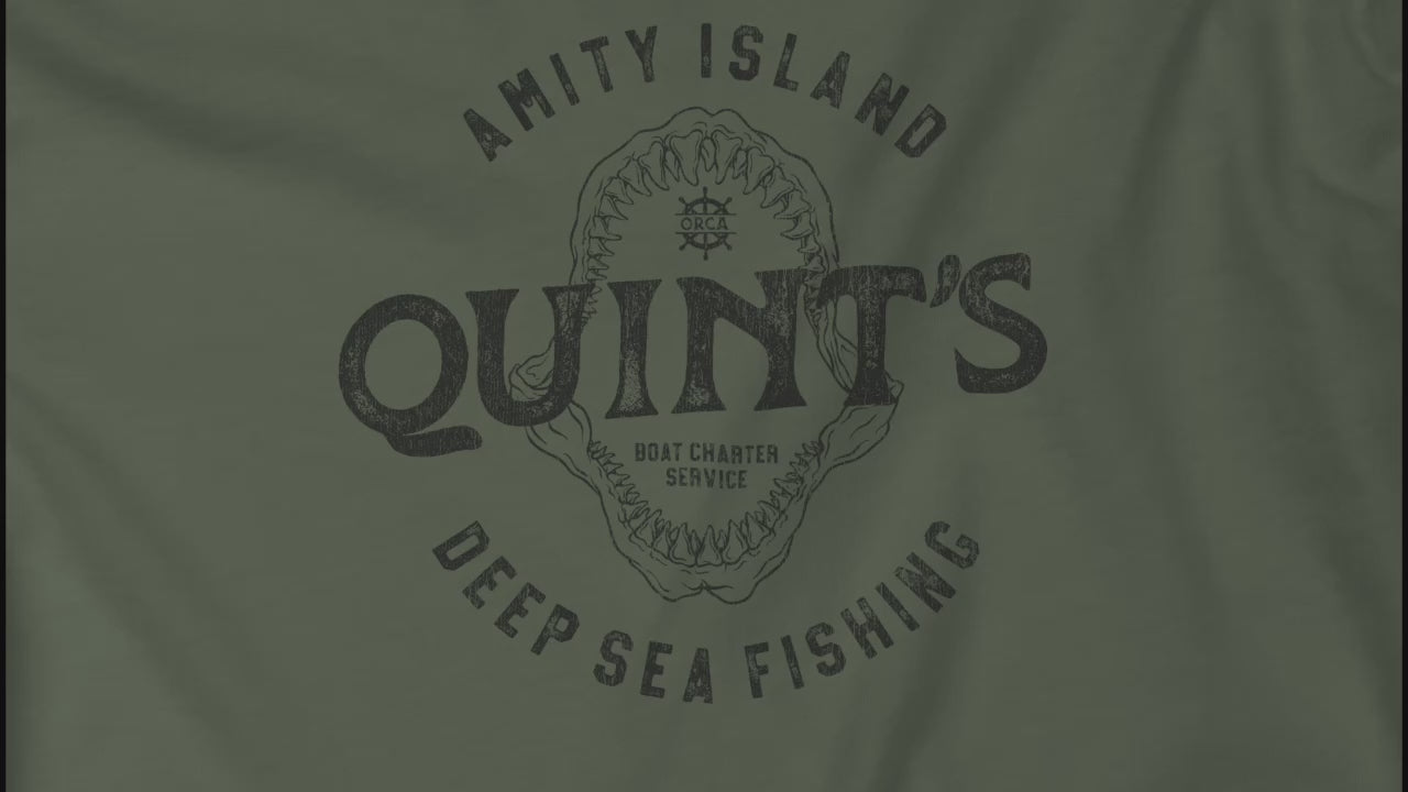 Video of Comfort Colors t-shirts with vintage Quint’s Deep Sea Fishing logo from Jaws, with shark graphic, distressed style.