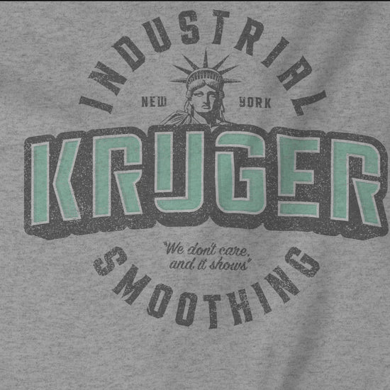 Video closeup of Soft unisex Bella+Canvas t-shirts featuring a Kruger Industrial Smoothing logo graphic in a vintage distressed style, designed by ScriptedBrand, and  inspired by the TV show Seinfeld.