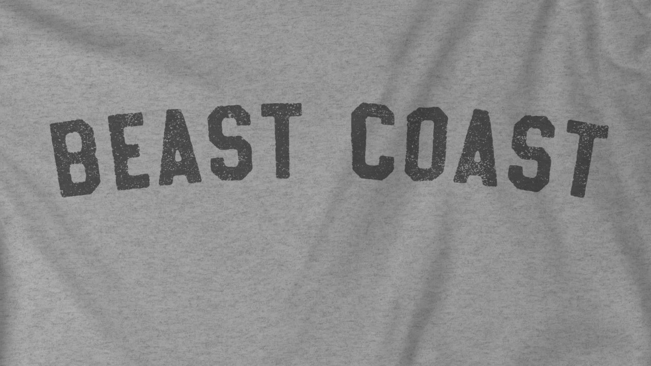 Video of  t-shirt with vintage BEAST COAST text inspired by Mac from It’s Always Sunny in Philadelphia.
