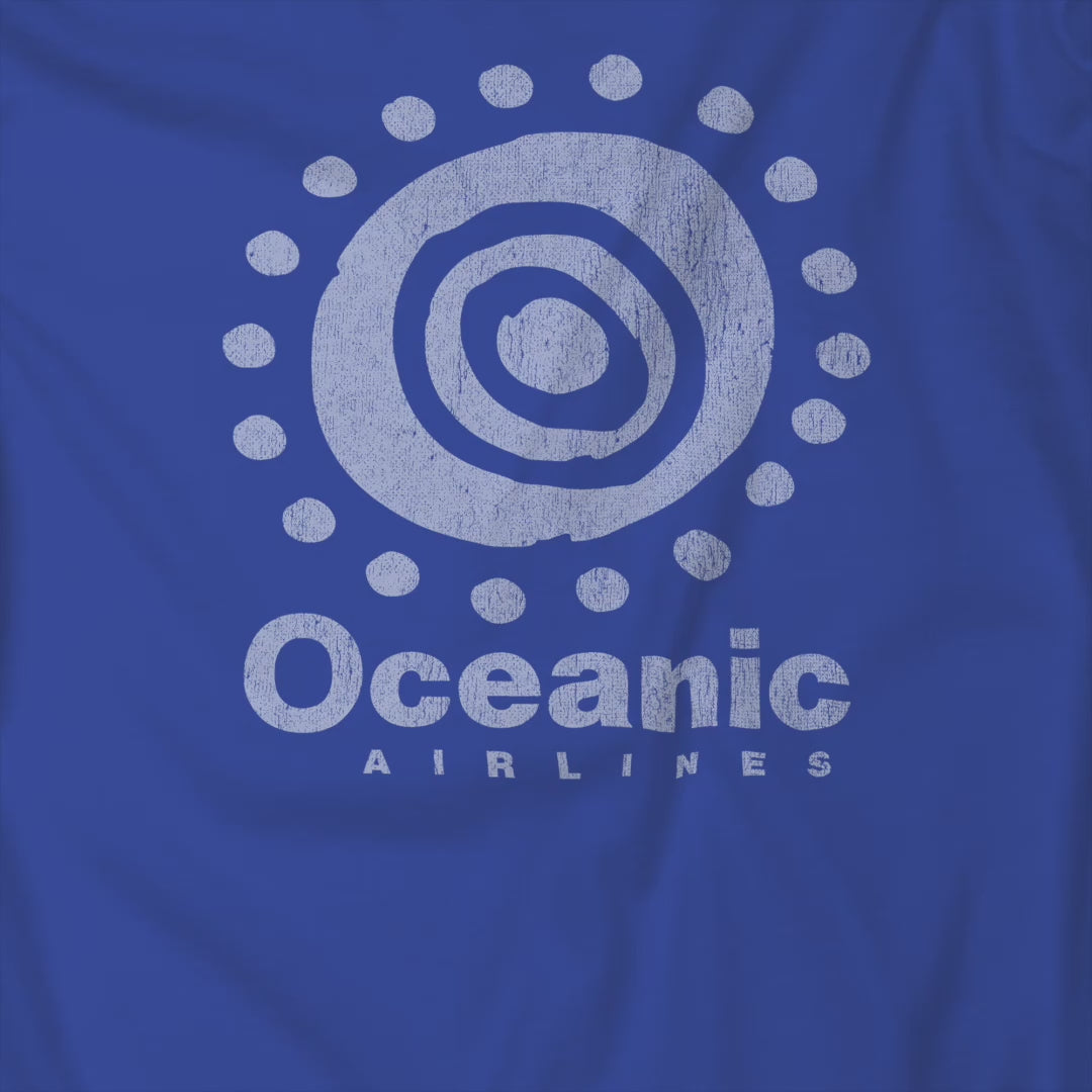 Video of t-shirt featuring the Oceanic Airlines logo graphic from the TV show LOST in a vintage distressed style.