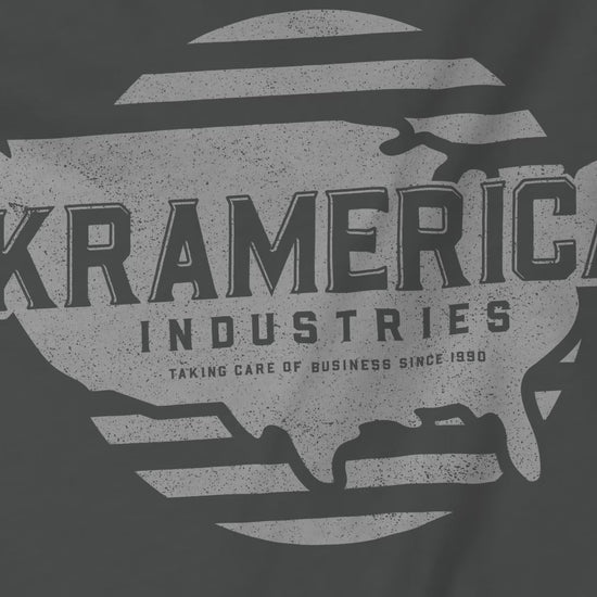 Video of Hoodie Sweatshirt featuring a Kramerica logo inspired by Seinfeld, designed by ScriptedBrand in a vintage distressed style.