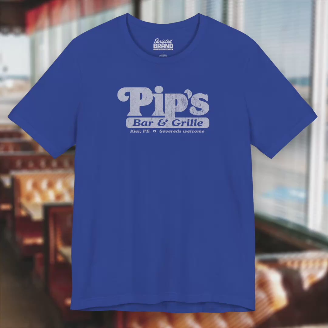 Video featuring soft Bella+Canvas shirtsleeve t-shirts with the Pips Bar and Grill logo from the TV show Severance in a vintage distressed ink-stamped worn-in style.