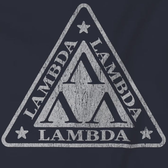 Video of Tri-Lam soft Bella+Canvas 3001 short-sleeve t-shirts featuring the logo graphic of the fictional fraternity Lambda Lambda Lambda, inspired by the movie Revenge of the Nerds, printed in a vintage distressed style, sold by ScriptedBrand.