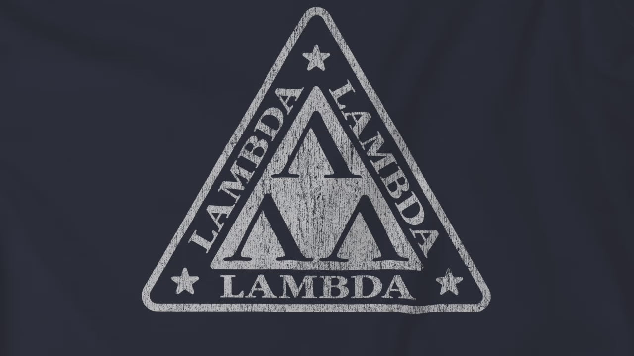 Video of Tri-Lam soft Bella+Canvas 3001 short-sleeve t-shirts featuring the logo graphic of the fictional fraternity Lambda Lambda Lambda, inspired by the movie Revenge of the Nerds, printed in a vintage distressed style, sold by ScriptedBrand.