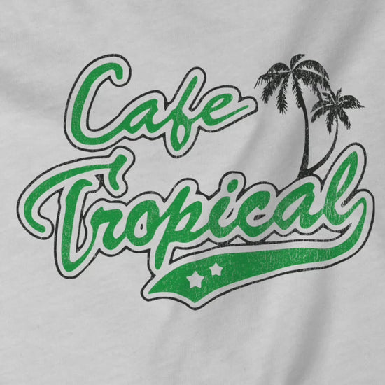 Video of a white and Green colored soft raglan 3/4 sleeve Tultex 245 baseball shirt featuring the fictional Cafe Tropical logo that David wore in the TV Show Schitts Creek in a vintage distressed style, sold by ScriptedBrand.