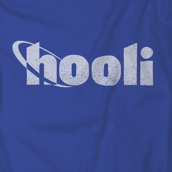 Video of a blue t-shirt featuring the Hooli logo from the show Silicon Valley in a vintage distressed style.