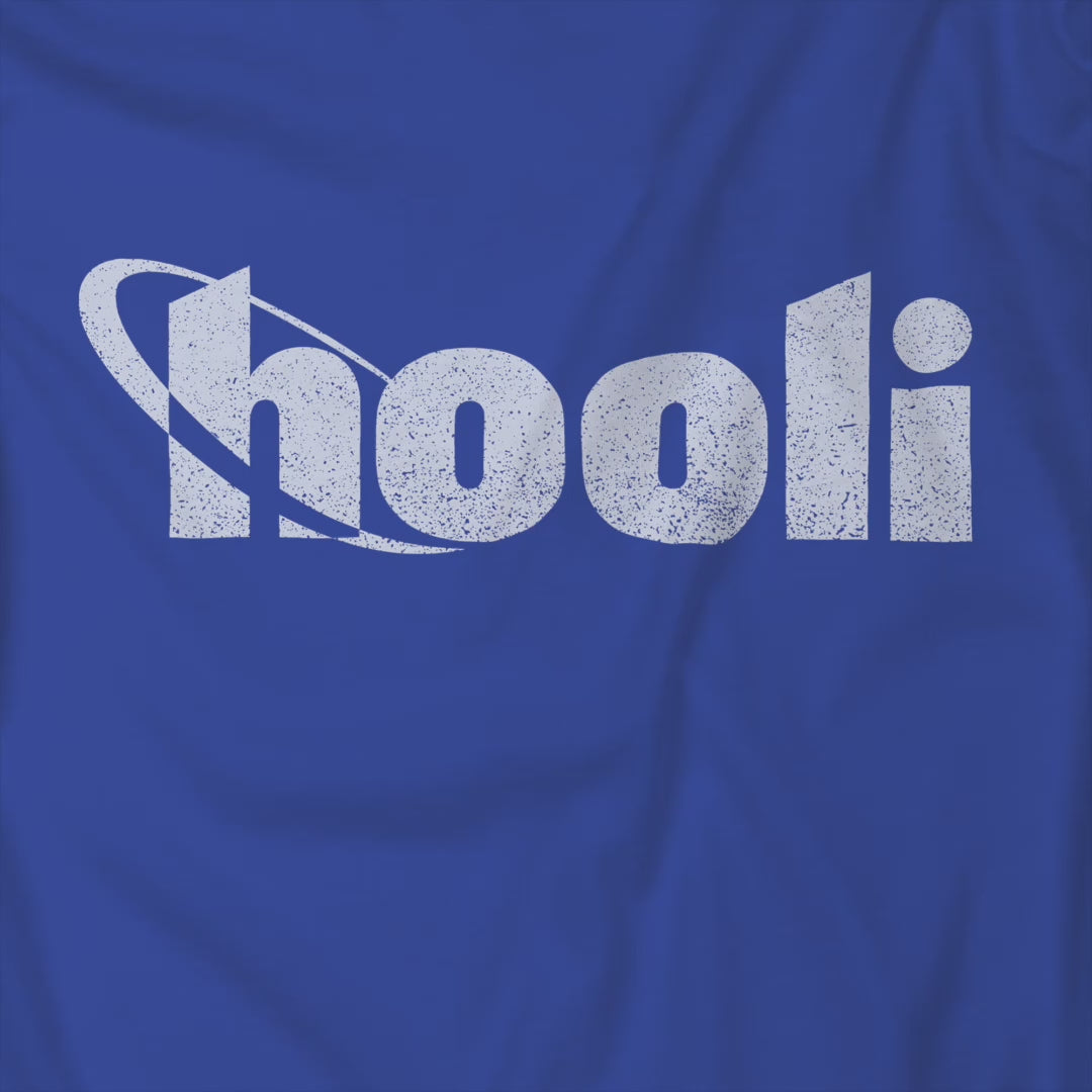 Video of a blue t-shirt featuring the Hooli logo from the show Silicon Valley in a vintage distressed style.