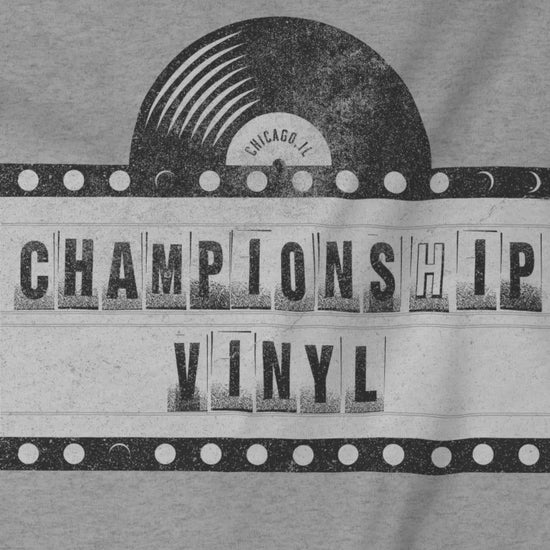 Video of t-shirts featuring the fictional logo CHAMPIONSHIP VINYL record store from movie High Fidelity in a vintage distressed style.