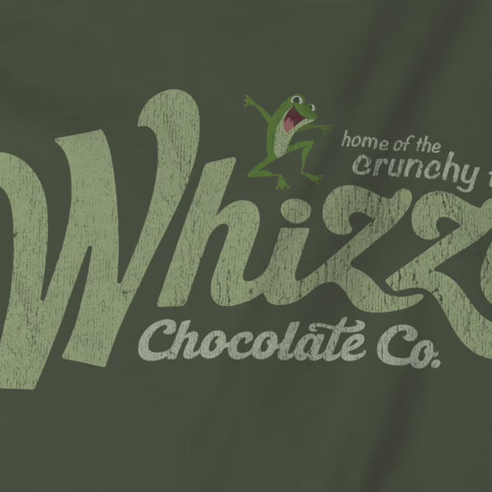 Video of t-shirts with vintage Whizzo Chocolate Co. logo, inspired by Monty Python, featuring “home of the crunchy frog” graphic.
