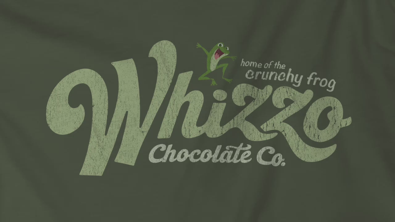 Video of t-shirts with vintage Whizzo Chocolate Co. logo, inspired by Monty Python, featuring “home of the crunchy frog” graphic.