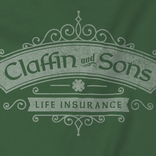 Video closeup of soft Bella+Canvas 3001 short-sleeve t-shirts featuring a logo graphic of Claffin & Sons Insurance, designed by ScriptedBrand in a vintage distressed vintage distressed style, inspired by the TV show Bad Sisters.