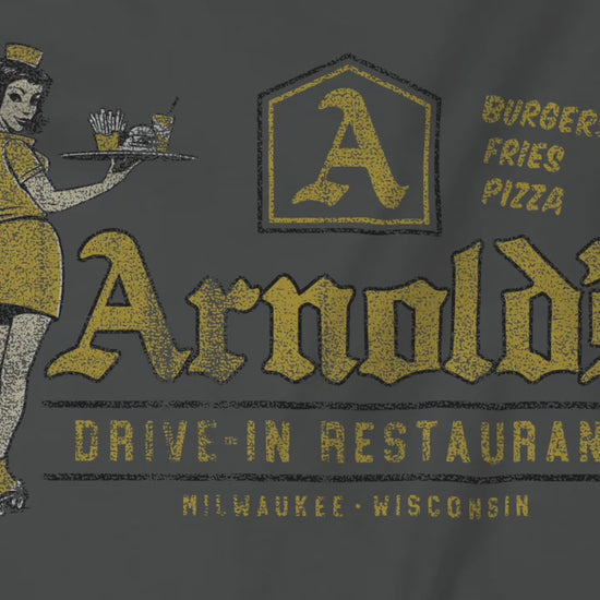 Video of vintage Arnold’s Drive-In t-shirts inspired by TV show Happy Days.