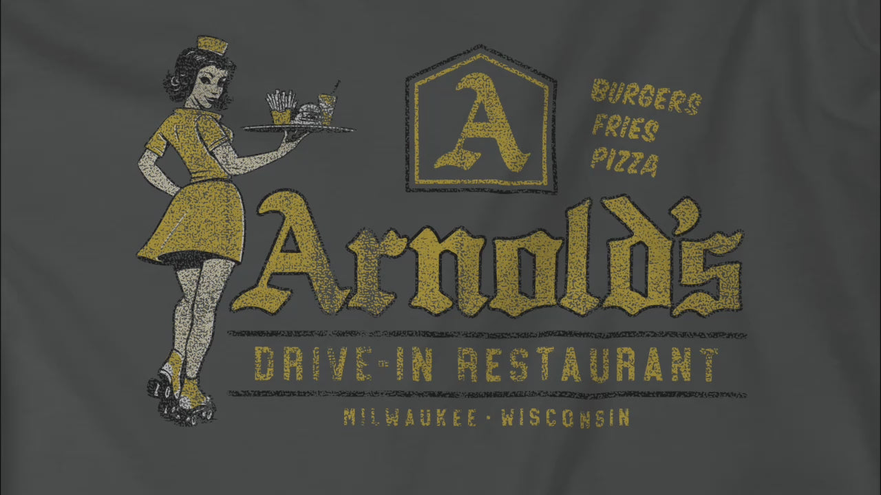 Video of vintage Arnold’s Drive-In t-shirts inspired by TV show Happy Days.