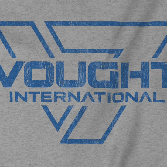 Video of soft Bella+Canvas 3001 short-sleeve t-shirts featuring the logo graphic of the fictional company Vought International inspired by the TV show The Boys in a vintage distressed style, sold by ScriptedBrand.