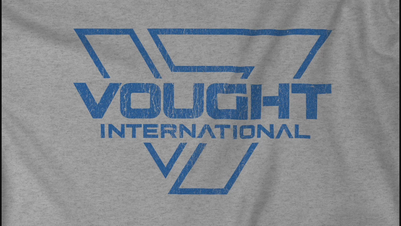 Video of soft Bella+Canvas 3001 short-sleeve t-shirts featuring the logo graphic of the fictional company Vought International inspired by the TV show The Boys in a vintage distressed style, sold by ScriptedBrand.