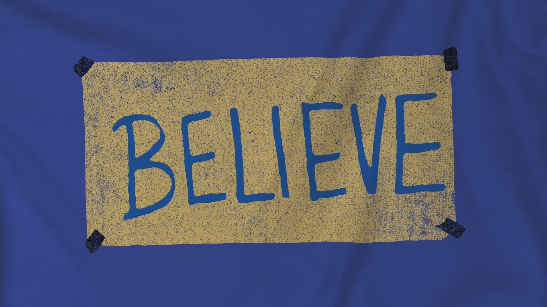 Video Closeup view of soft Bella+Canvas 3001 short-sleeve t-shirts featuring a logo graphic of the BELIEVE sign Ted Lasso hung in the fictional English soccer team AFC Richmond locker room, inspired by the TV show Ted Lasso in a vintage distressed style, sold by ScriptedBrand.