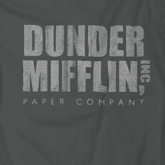 Video of t-shirt featuring the Dunder Mifflin logo from the TV show The Office in a vintage distressed style.