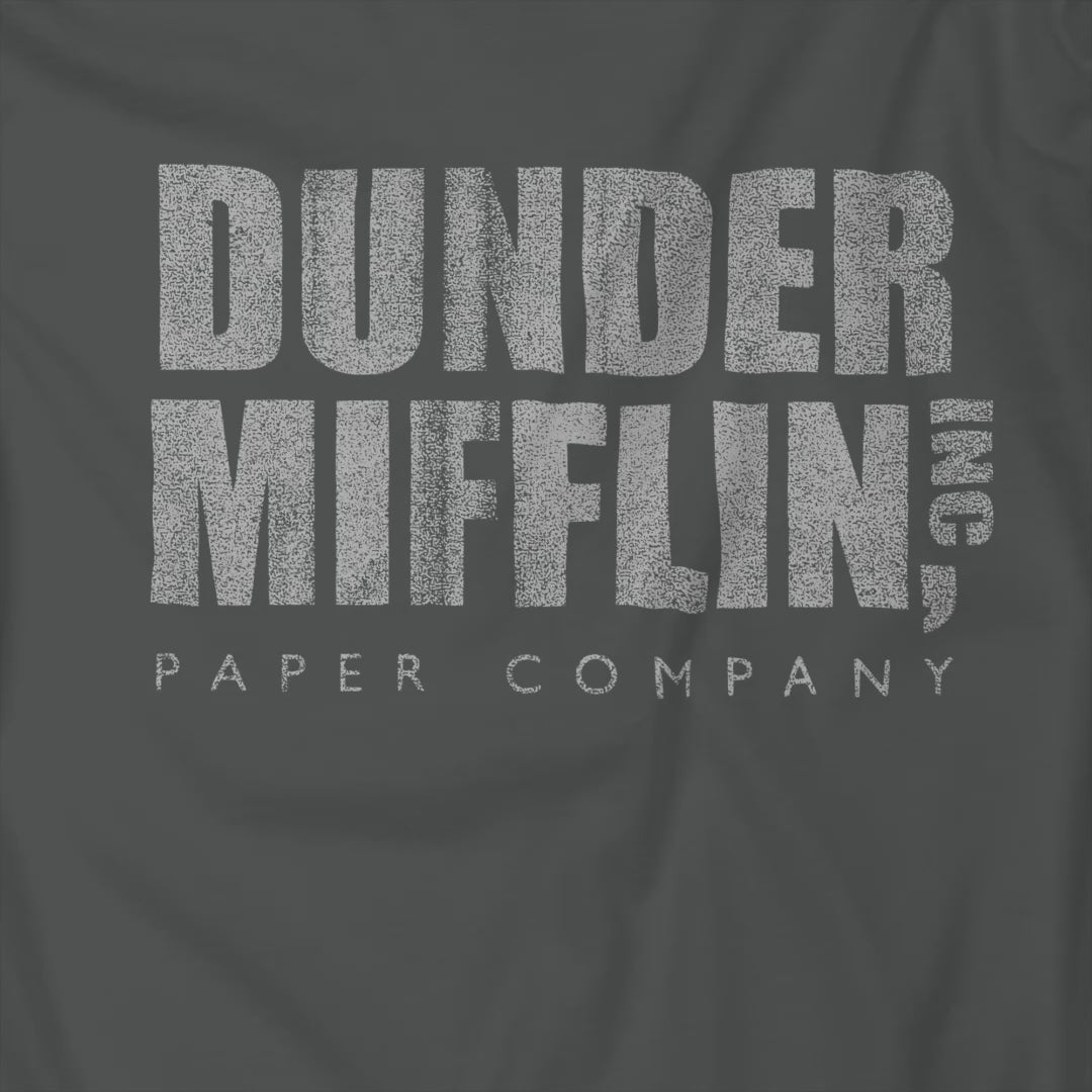 Video of t-shirt featuring the Dunder Mifflin logo from the TV show The Office in a vintage distressed style.