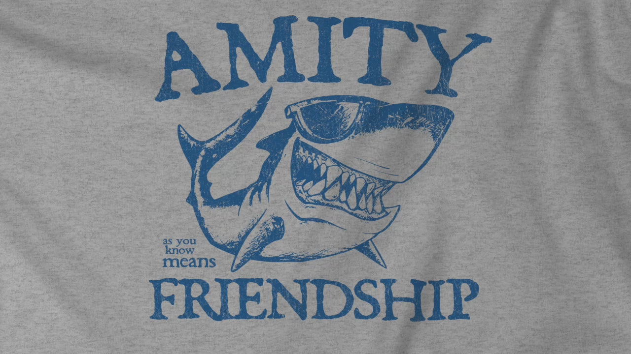 Video of Bella+Canvas t-shirts with a vintage-style Amity Island “Friendship” shark graphic inspired by the movie Jaws
