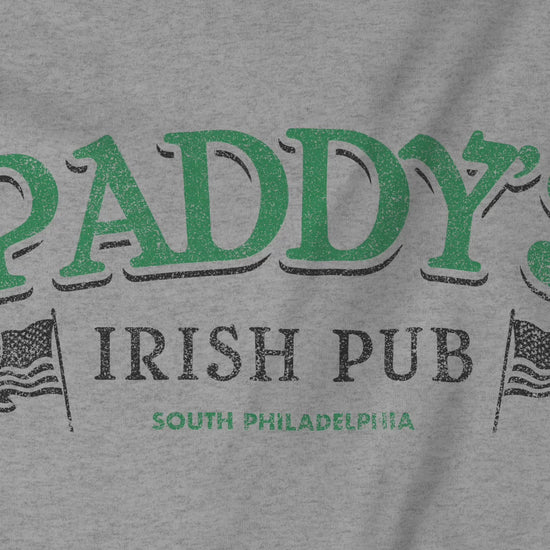 Video closeup of soft unisex Hoodie Heavy Blend Hooded Sweatshirts featuring the green Paddy's Pub logo graphic from the TV Show It's Always Sunny in Philadelphia, in a vintage distressed style, sold by ScriptedBrand.
