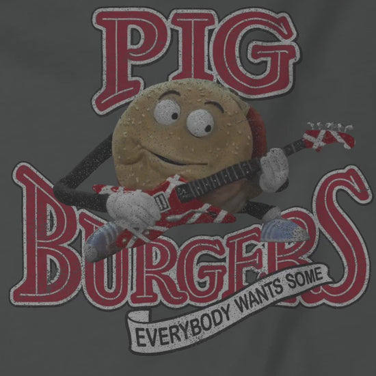 Video closeup of soft Bella+Canvas 3001 short-sleeve t-shirts featuring a graphic of the fictional Pig Burgers logo from the movie Better Off Dead, along with the Van Halen singing hamburger playing guitar, with the small subhead phrase EVERYBODY WANTS SOME. The graphic is designed in a vintage distressed style, sold by ScriptedBrand.