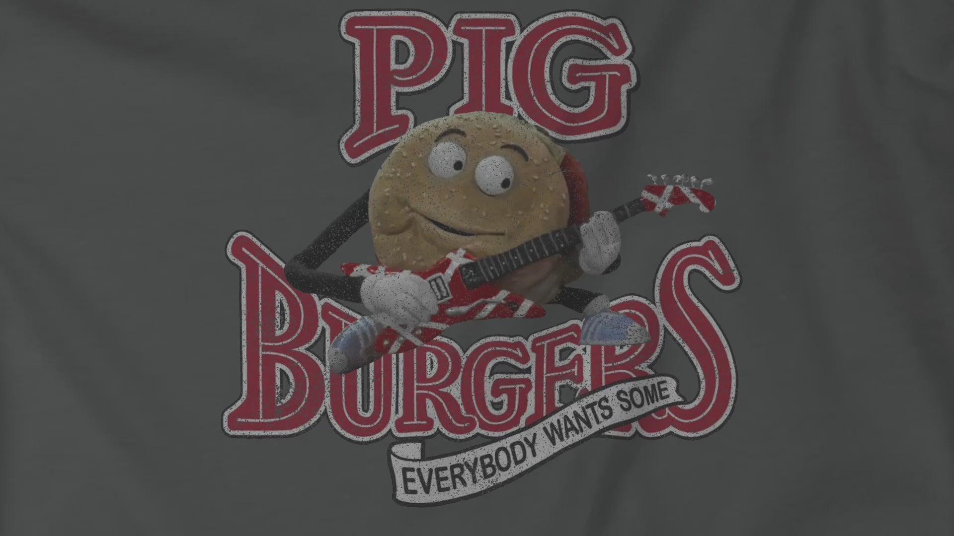 Video closeup of soft Bella+Canvas 3001 short-sleeve t-shirts featuring a graphic of the fictional Pig Burgers logo from the movie Better Off Dead, along with the Van Halen singing hamburger playing guitar, with the small subhead phrase EVERYBODY WANTS SOME. The graphic is designed in a vintage distressed style, sold by ScriptedBrand.