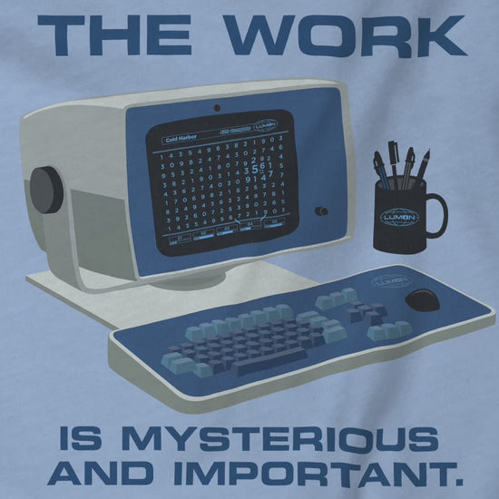 Video Closeup of a baby blue Soft Bella+Canvas shirtsleeve t-shirt featuring an illustration of the retro computer workstation from the Apple TV show Severance, and includes the text The Work is Mysterious and Important. Graphic is designed and illustrated by ScriptedBrand.