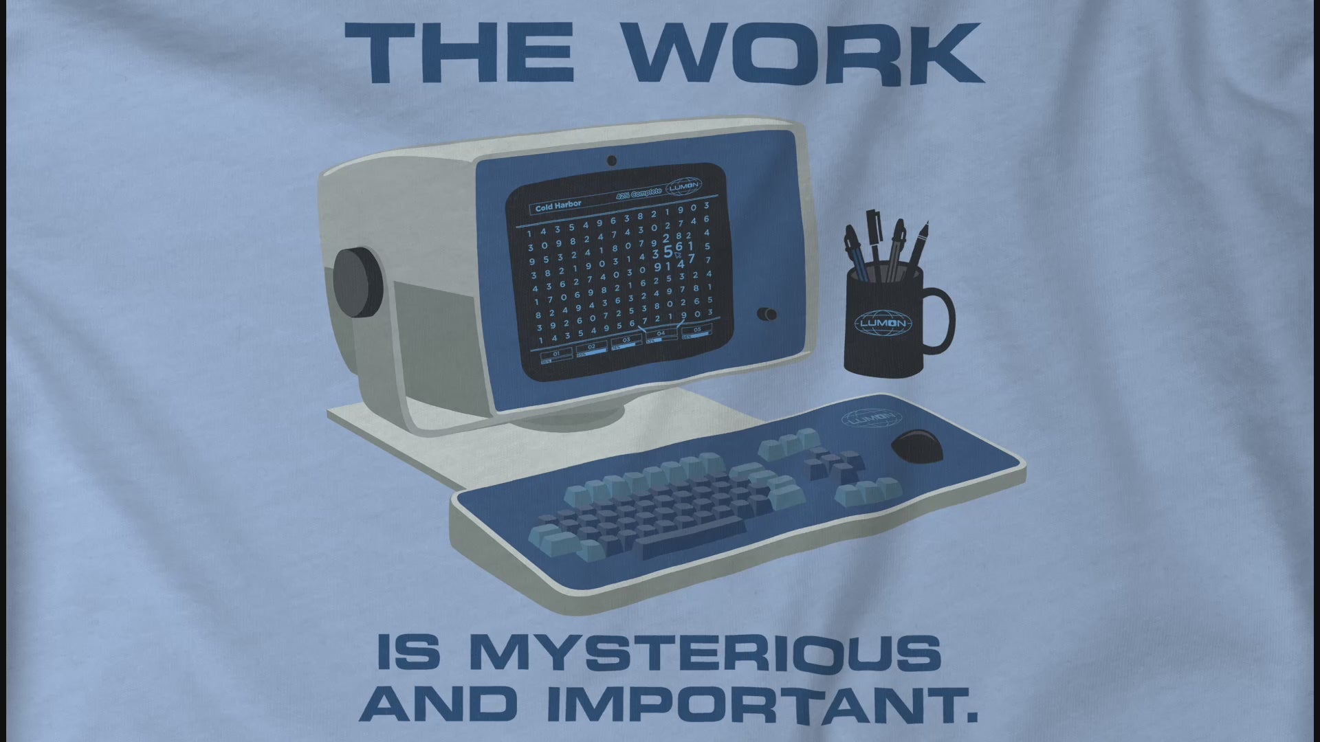 Video Closeup of a baby blue Soft Bella+Canvas shirtsleeve t-shirt featuring an illustration of the retro computer workstation from the Apple TV show Severance, and includes the text The Work is Mysterious and Important. Graphic is designed and illustrated by ScriptedBrand.