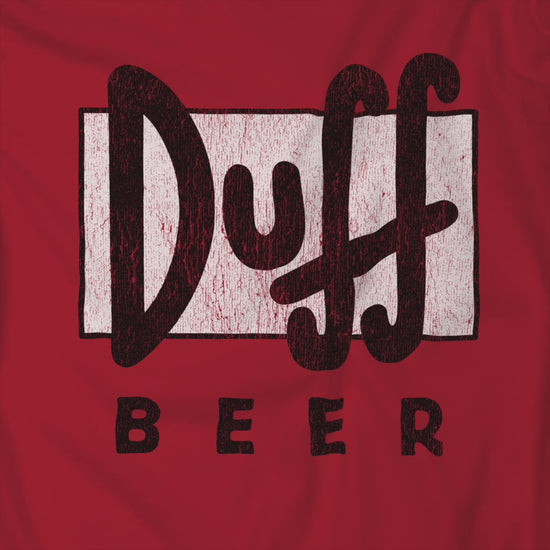 Video of of red t-shirt featuring the Duff Beer logo from the TV Show The Simpsons in vintage distressed style.