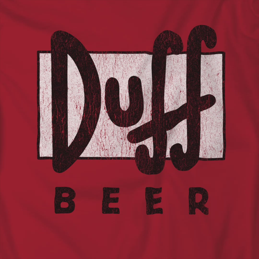 Video of of red t-shirt featuring the Duff Beer logo from the TV Show The Simpsons in vintage distressed style.