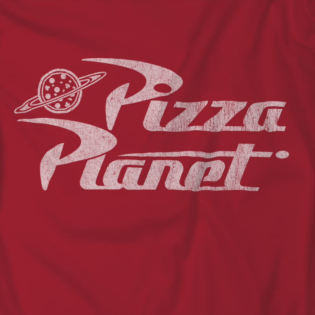 Video of t-shirt with distressed Pizza Planet logo inspired by the Toy Story movies.